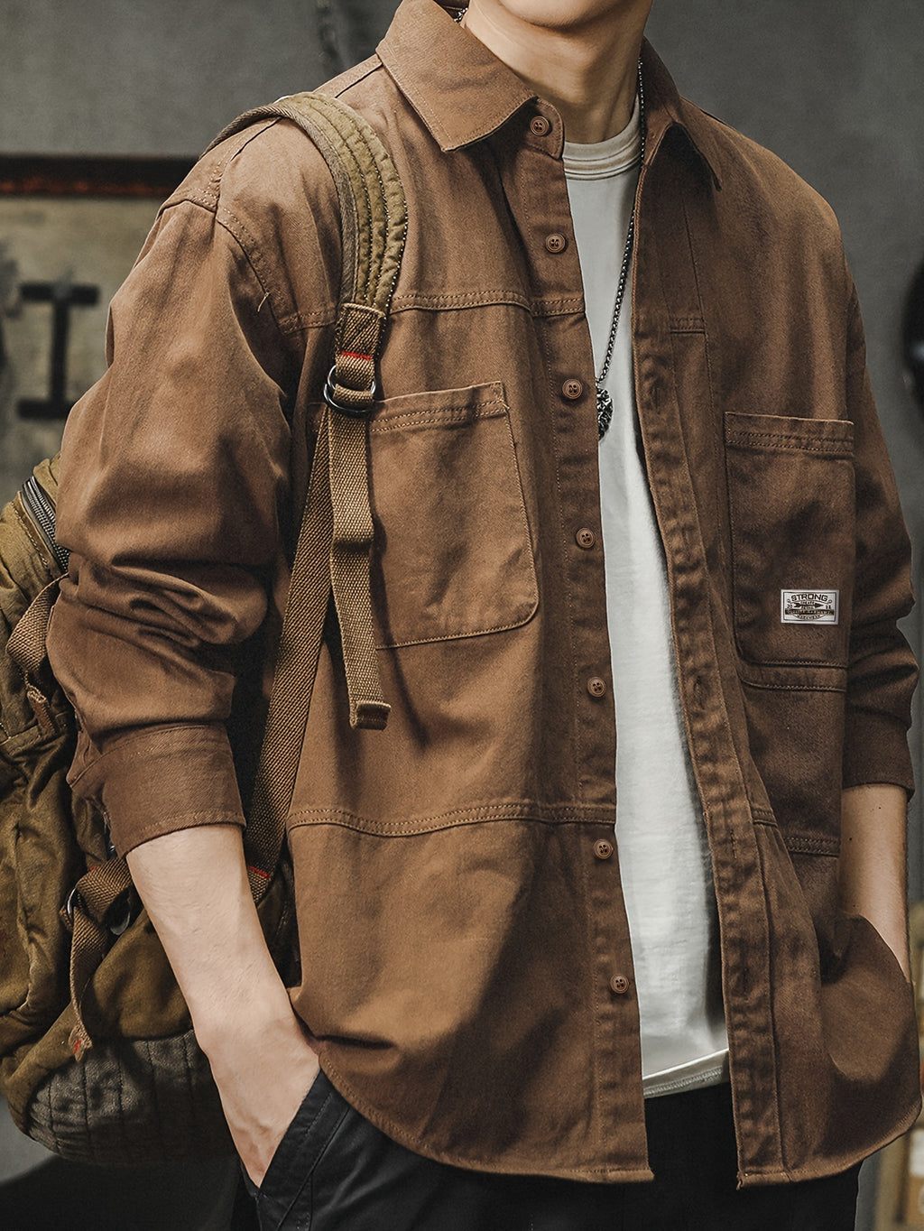 Men'S Cargo Shirt Spring Autumn Long Sleeve Top Vintage Workwear Style Multi-Pocket American Casual Top Outerwear, New Season - Dark Brown