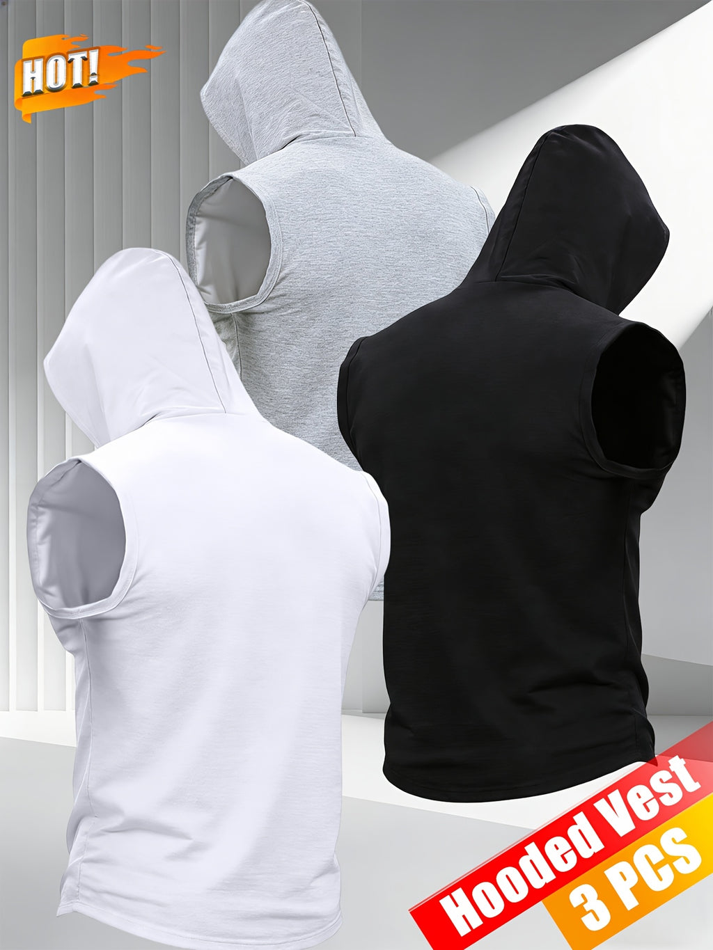 3pcs Men's Hooded Tank Tops, New Summer Style, Skin-Friendly and Breathable Fabric, Sleeveless Loose Fit for a Slimming Look, Versatile for Daily Fitness, Sports, and Streetwear, Essential for Men's Refreshing Summer Outfits - White+Black+Grey