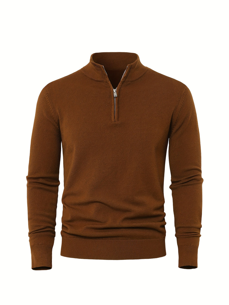 2025 New Men's Casual Solid Color Knit Zip-Front Sweater - Thickened Warm Top - Fashionable Minimalist Style with Medium Stretch for Daily Comfort, Men's Essential Cold-Weather Item, High-Quality Autumn/Winter Fashionable and Mature Pullover - Coffee Color