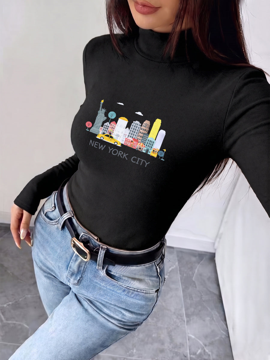 Women'S Autumn Winter New Style Semi-High Neck Fitted Top, Can Be Worn Inside Or Outside, Elastic Fabric, Soft And Skin-Friendly Warm, Easy Waist-Cinching Cut, Casual All-Match, Printed with "New York City Skyline Taxi Statue" - Black