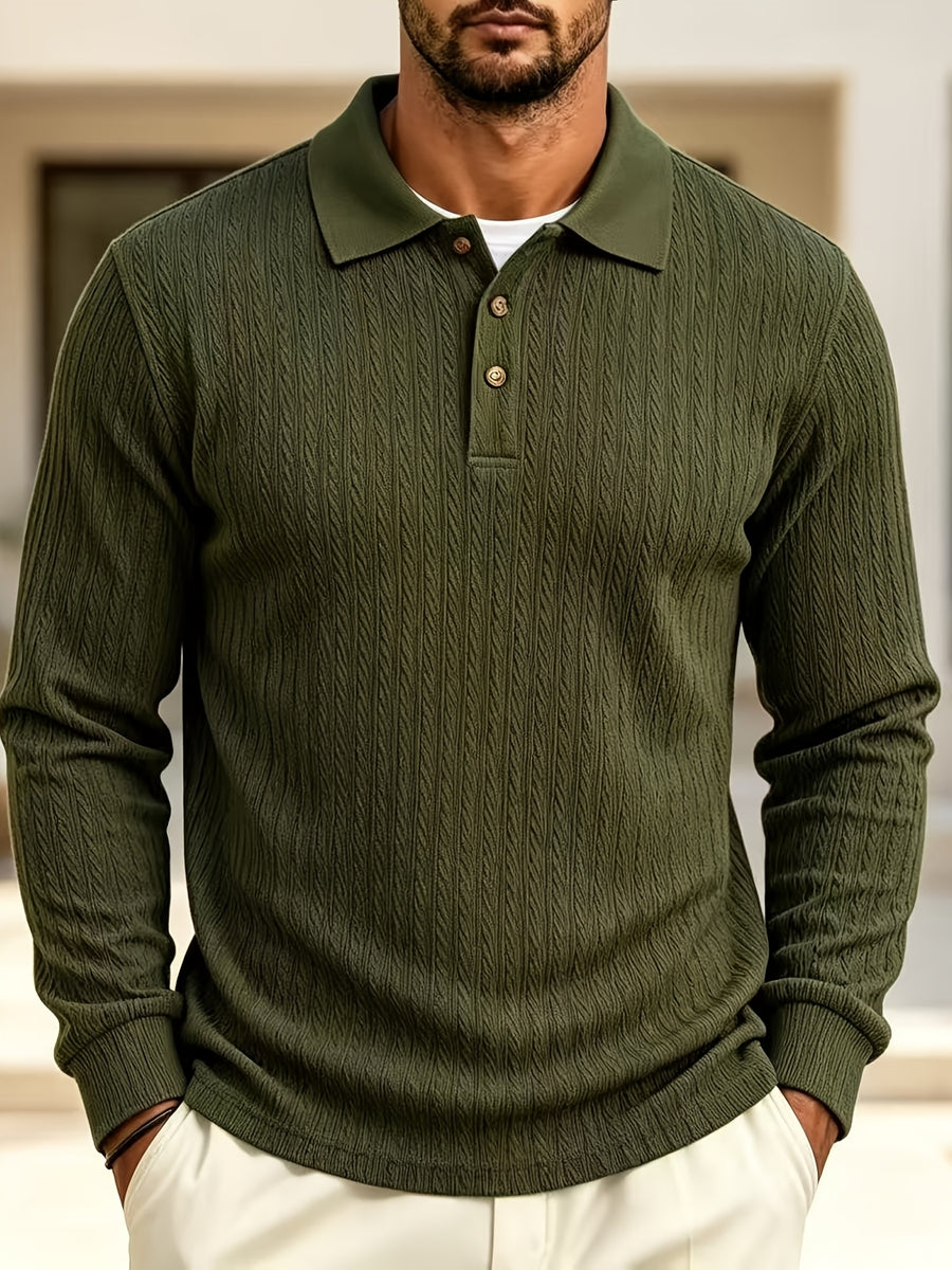 2026 New Men's Long-Sleeve Polo Shirt, Jacquard Texture Lapel Top, Casual Three-Button Knitted Business Versatile Long-Sleeve T-Shirt - Olive Green