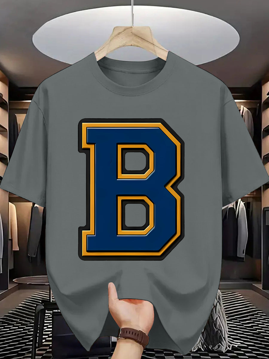 Men'S Summer Casual T-Shirt with Bold "B" Letter Print - Lightweight Polyester, Round Neck, Short Sleeve, Regular Fit, Perfect for Casual Attire, Everyday Tshirt | Trendy Casualwear | Durable Fabric - Slate Grey