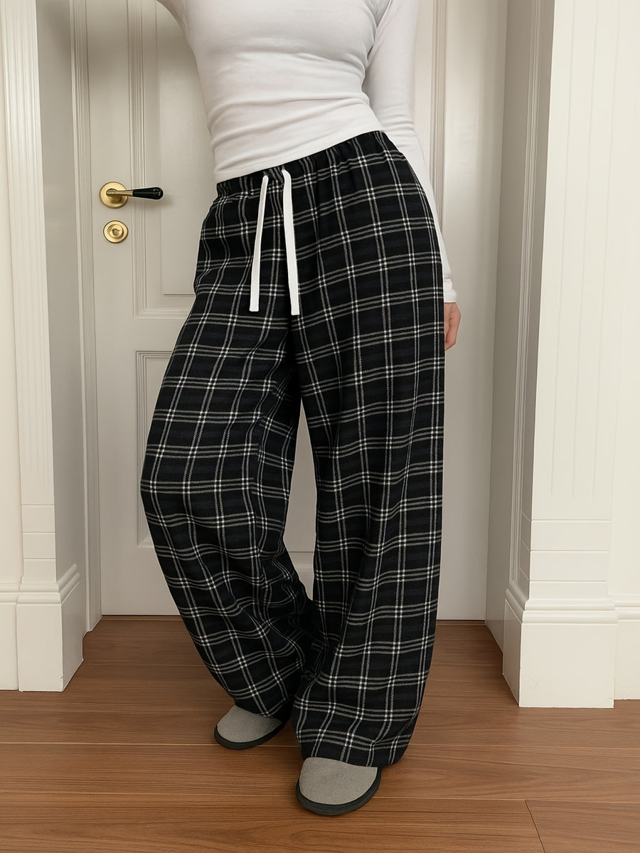 Women'S Plaid Print Loose Wide Leg Pants | Casual Drawstring Elastic Waist, Suitable for Fall/Winter Weekend Outings - Black