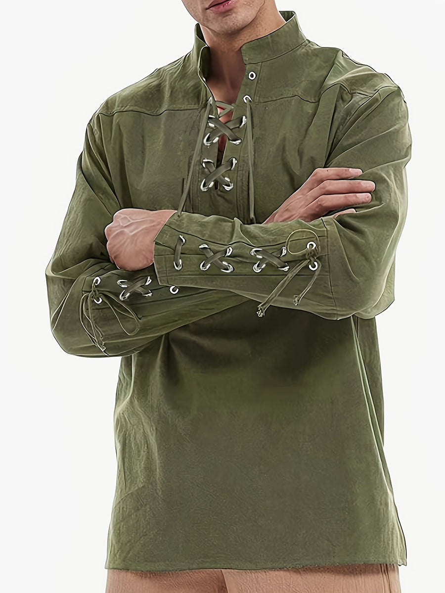 New Medieval Men'S Pirate Shirt Retro V-Neck Lavender Punk Gothic Blouse Viking Tie-Up Top - Olive Green