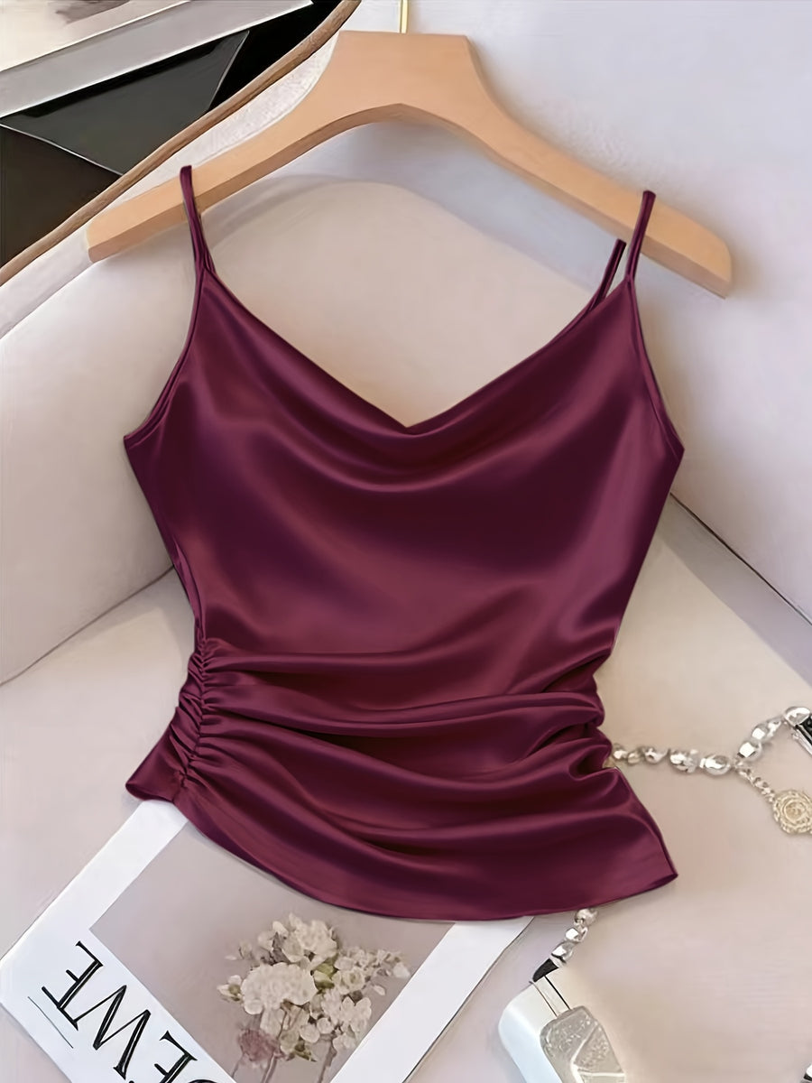 [Development WY260120078] Women's Satin Irregular Hem Side Gathers Daily Fashion Commuting Vacation Camisole Top - Burgundy