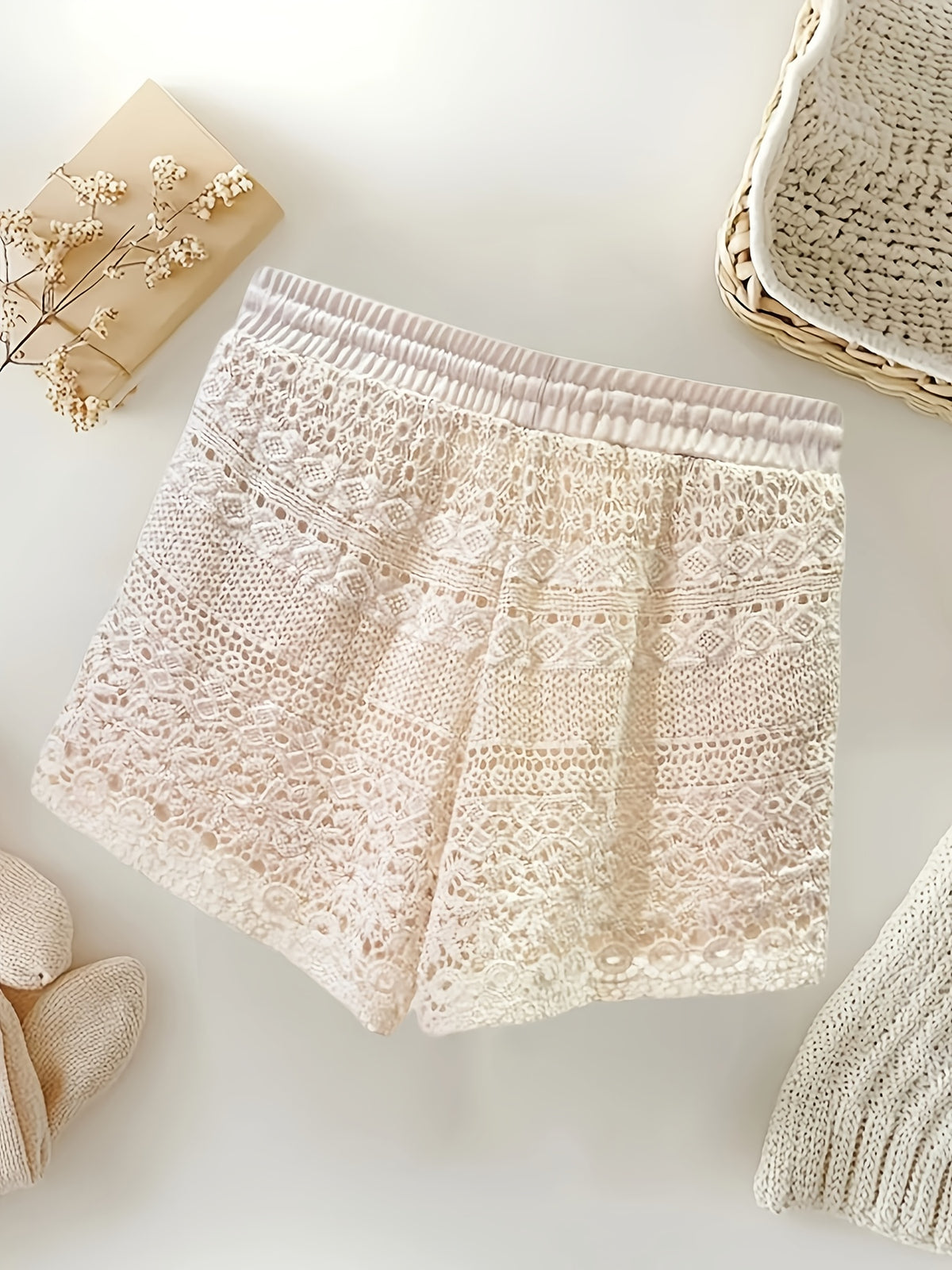 Embroidery, Hollowing Out, Loose Temperament, Wearing Shorts And Anti-Exposure Safety Pants - Apricot