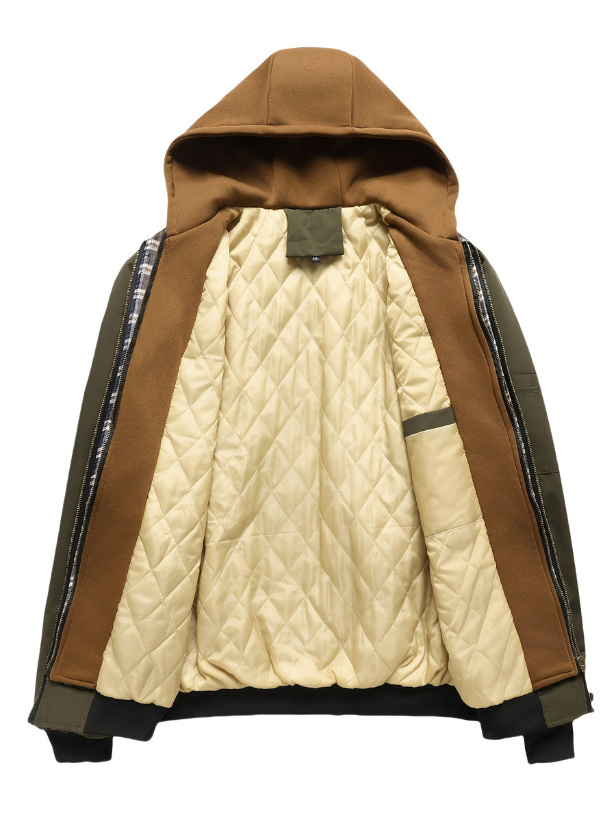 Spring Autumn Men'S Jacket Outerwear Plaid Hooded Cardigan Sports Casual Preppy Fashion - Olive Green Color