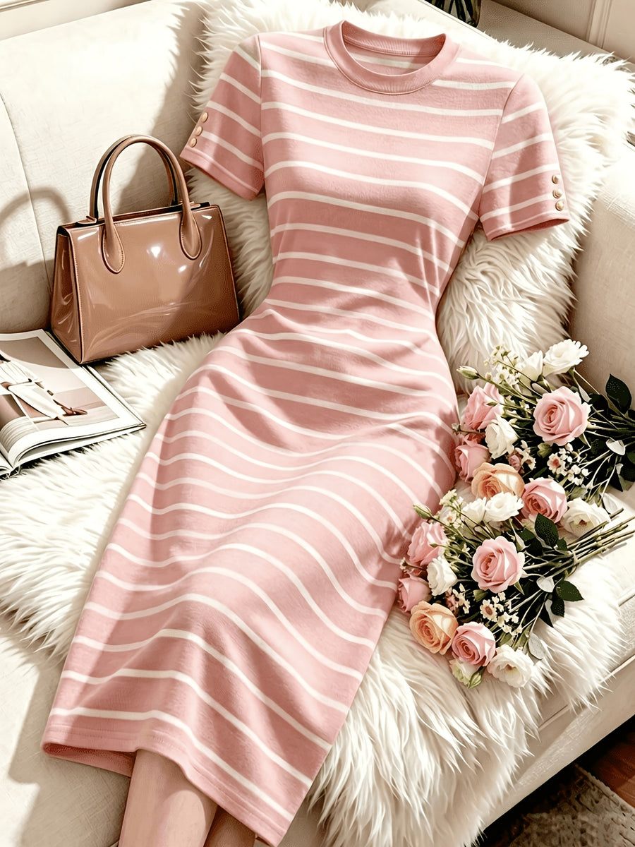 Women'S New Black And White Striped Round Neck Short Sleeve Slim Waist-Cinching Mid-Length Dress - Pink Stripes