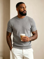 Men'S Easy Casual Short-Sleeve Knit Top, Made of Pure with Fine Mesh Texture, Skin-Friendly And Breathable, Relaxed Casual Style, Classic Versatile Design with Exquisite Details, Solid Color for a Warm And Easy Look - Grey