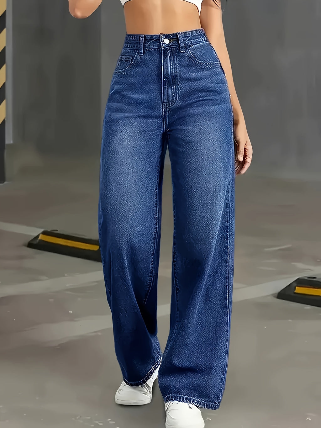 Women's casual high-waisted straight-leg jeans. - Dark Blue