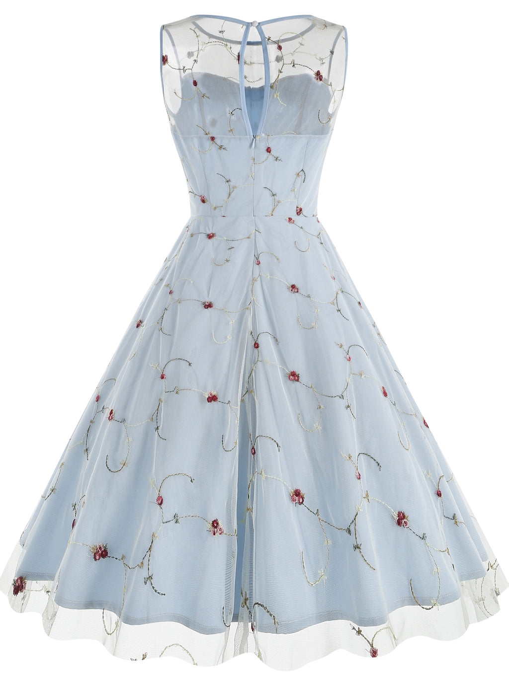 Women's Round Neck Sleeveless Mesh Embroidered Dress for Vacation, Elegant Gatherings, Parties, Floral Wedding Season, Back-to- Season, and Dates - Light Blue