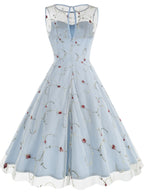 Women's Round Neck Sleeveless Mesh Embroidered Dress for Vacation, Elegant Gatherings, Parties, Floral Wedding Season, Back-to- Season, and Dates - Light Blue