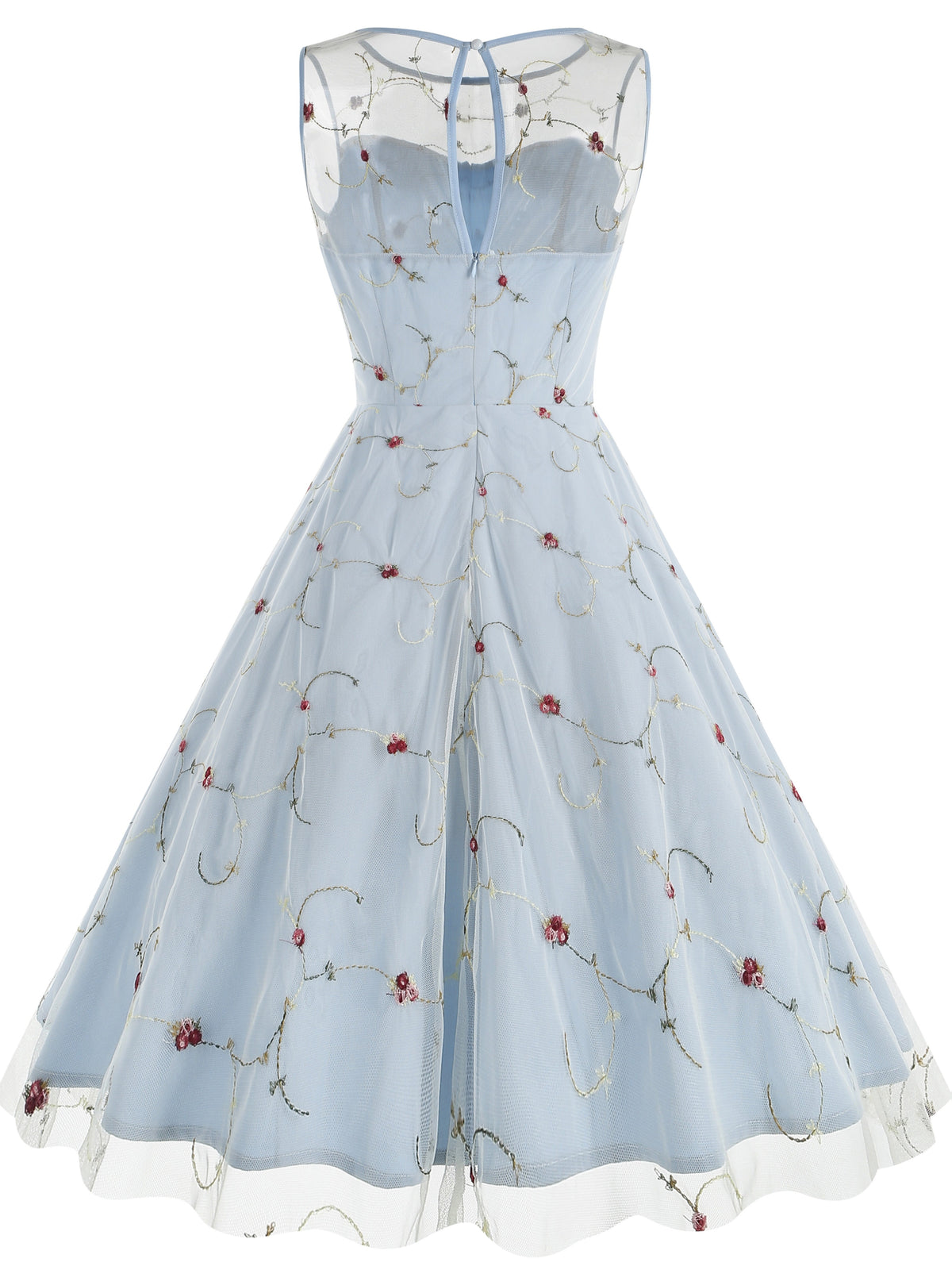 Women's Round Neck Sleeveless Mesh Embroidered Dress for Vacation, Elegant Gatherings, Parties, Floral Wedding Season, Back-to- Season, and Dates - Light Blue