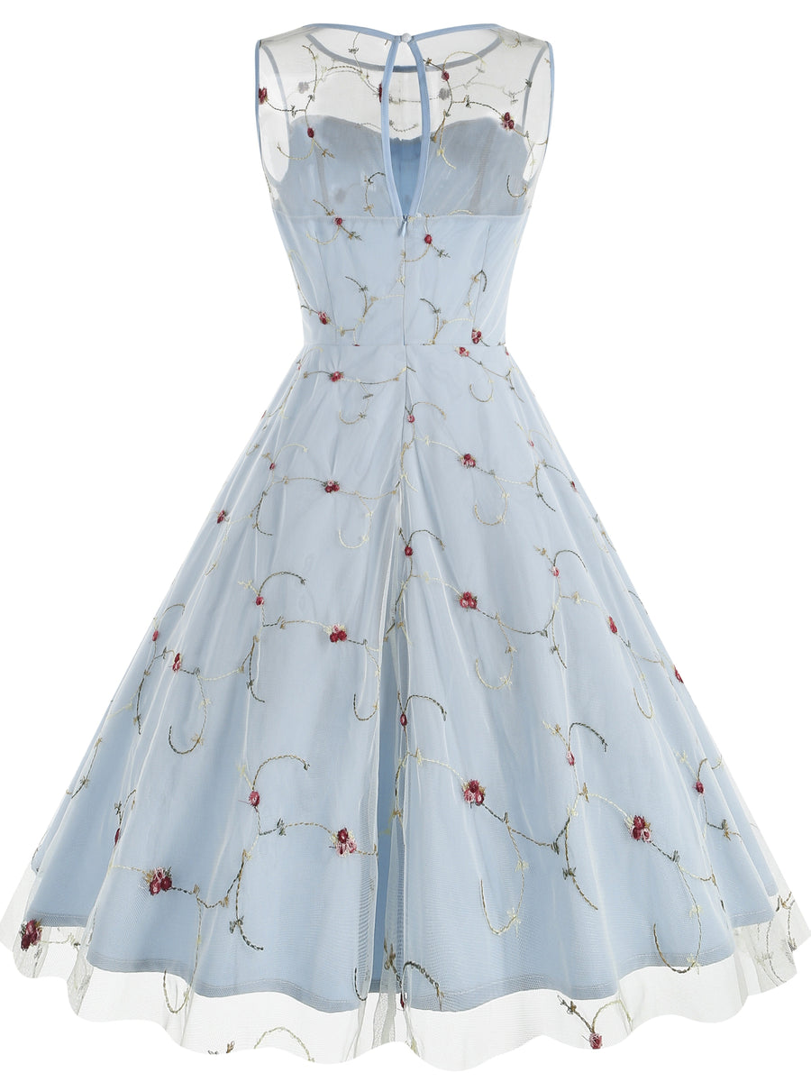 Women's Round Neck Sleeveless Mesh Embroidered Dress for Vacation, Elegant Gatherings, Parties, Floral Wedding Season, Back-to- Season, and Dates - Light Blue