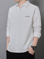 Men'S Long Sleeve Shirt with Lapel, Easy Letter Print Solid Color Hidden Single Pocket Casual Shirt, Washed Breathable Fabric, Spring/Autumn Commute Daily Wear Men'S Top, Inner And Outer Wear Multi-Color Available - White