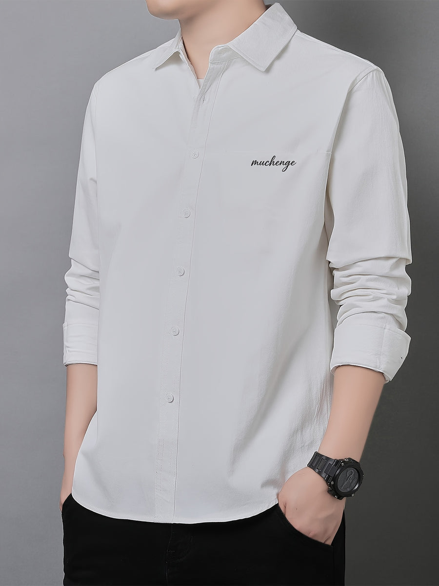 Men'S Long Sleeve Shirt with Lapel, Easy Letter Print Solid Color Hidden Single Pocket Casual Shirt, Washed Breathable Fabric, Spring/Autumn Commute Daily Wear Men'S Top, Inner And Outer Wear Multi-Color Available - White