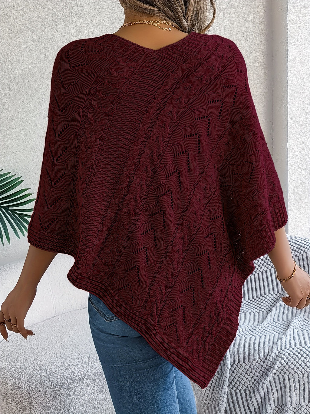 Elegant Solid Color V-Neck Cable Cape Sweater for Autumn And Winter Leisure - Burgundy