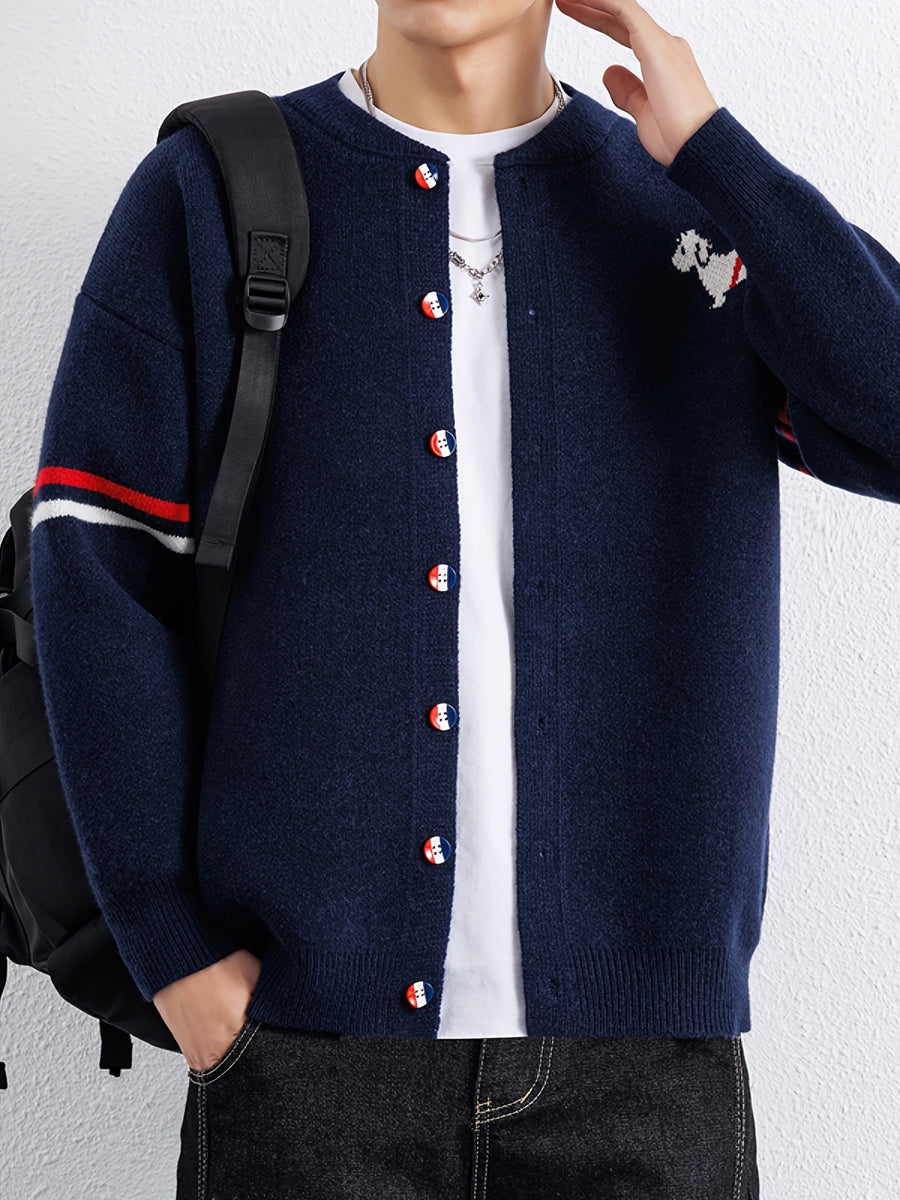 Du Jing Lan OBM 1pc Autumn/Winter New Arrival Men's Knitted Cardigan, Old Money Style Textured Contrast Color Crew Neck Single-Breasted Open Front Long Sleeve Knitted Cardigan Base Layer Top, Men's Casual Fashion, Suitable for Autumn and Winter Wear - Purplish Blue