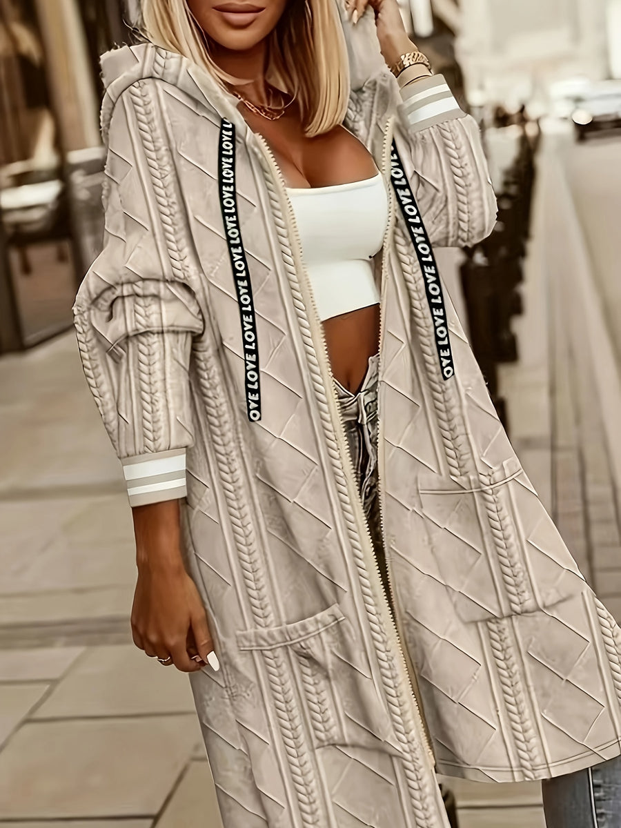 Plus Size, Women'S Long Pocket Hooded Jacket. Zipper, Ruffled Cuffs And Panel Detailing. Fabric - Khaki