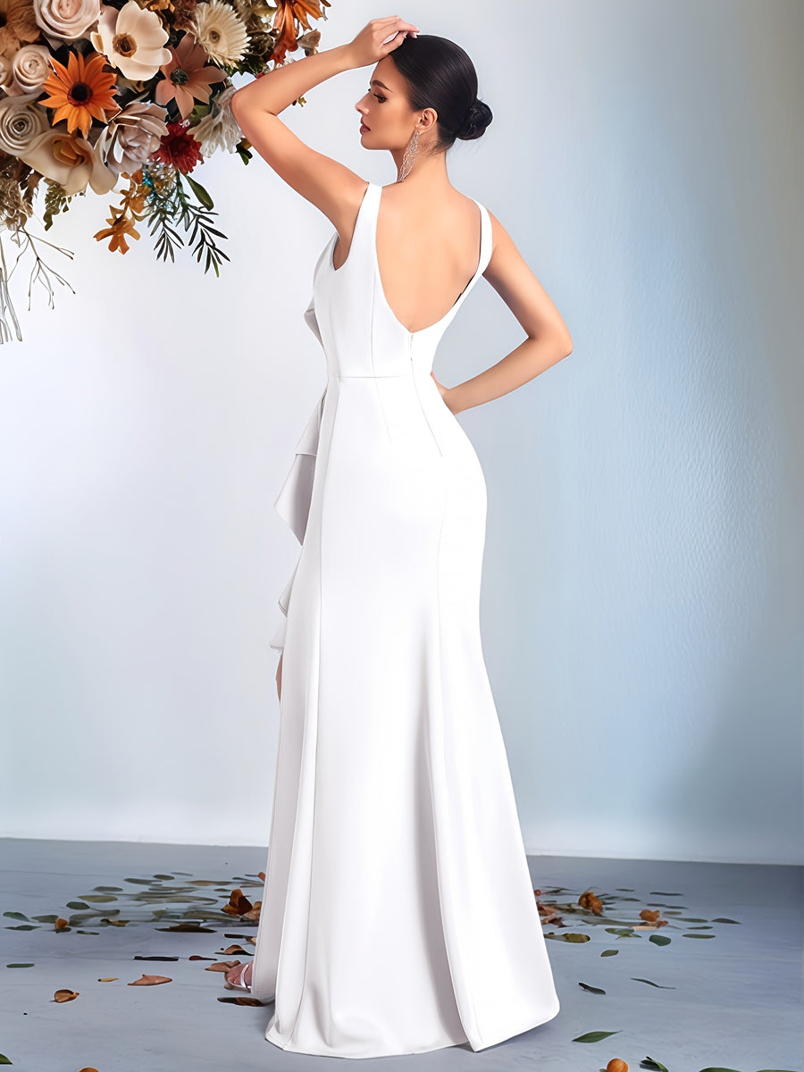 2025 Solid Color High Waist Pleated Ruffle Trim Slit Backless Prom Party Evening Gown Dress - White