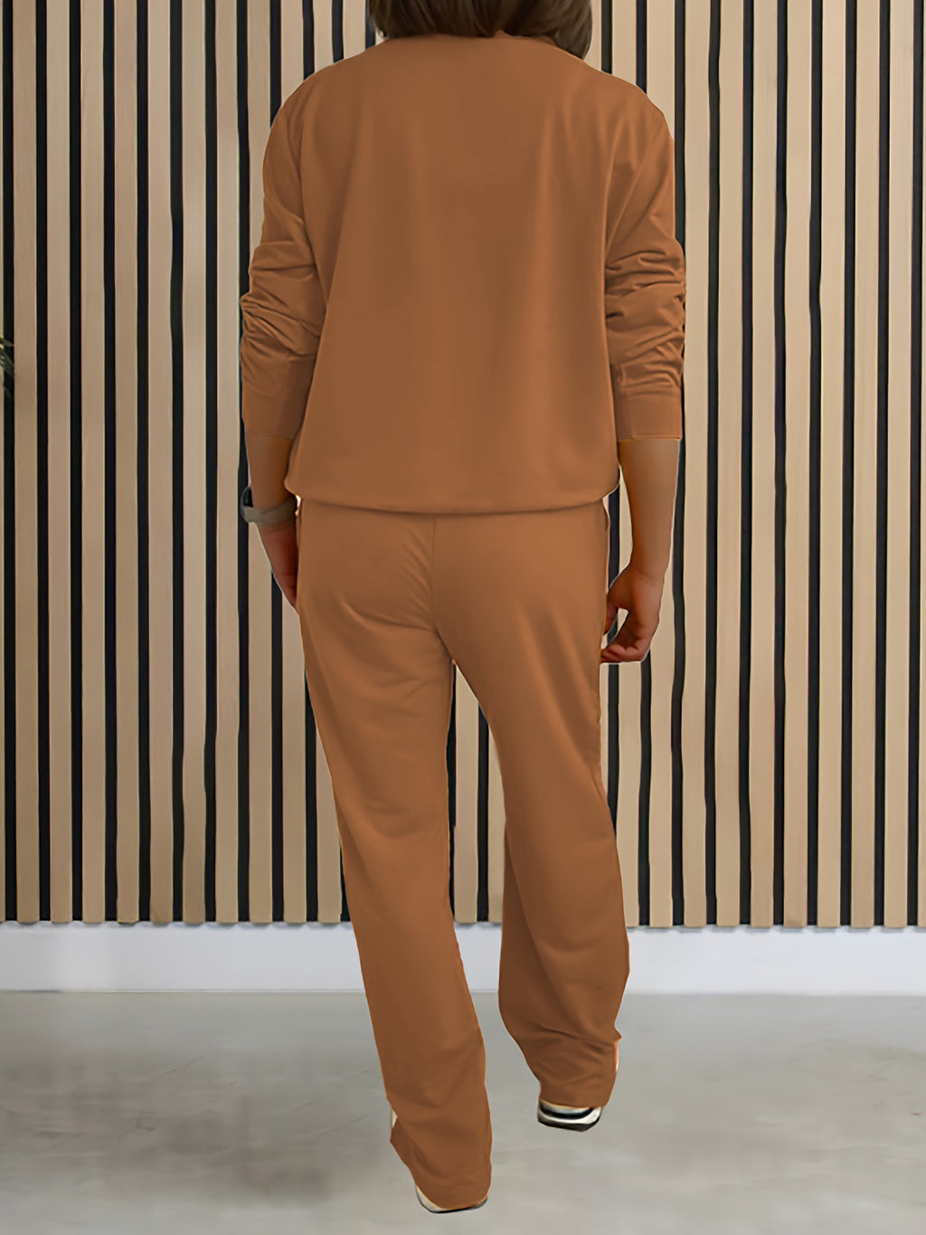 Women'S Solid Color Two-Piece Casual Long Sleeve Front Zipper Hoodie with Drawstring Straight Leg Pants Outfit - Coffee Color