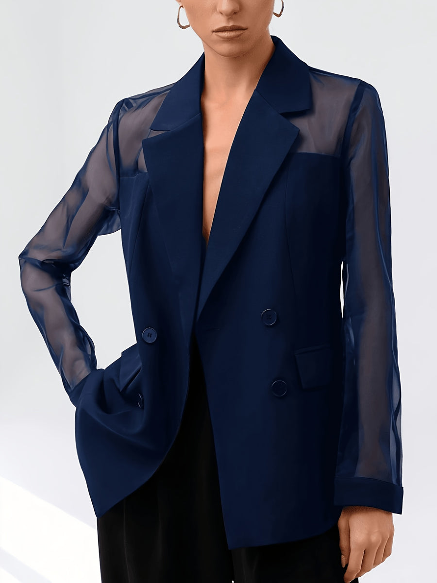 Fashionable Women's Elegant Blazer, Stylish High-End Mesh Patchwork Double-Breasted New Casual Suit Jacket - Navy Color