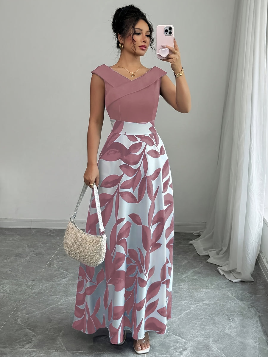 An Elegant V-Neck Floral Print A-Line Maxi Dress with Pockets - Featuring a Leaf Pattern, Short Sleeves, a Cinched Waist, And a Flowing Skirt, Perfect for Summer, Suitable for Both Casual And Formal Wear - Pink