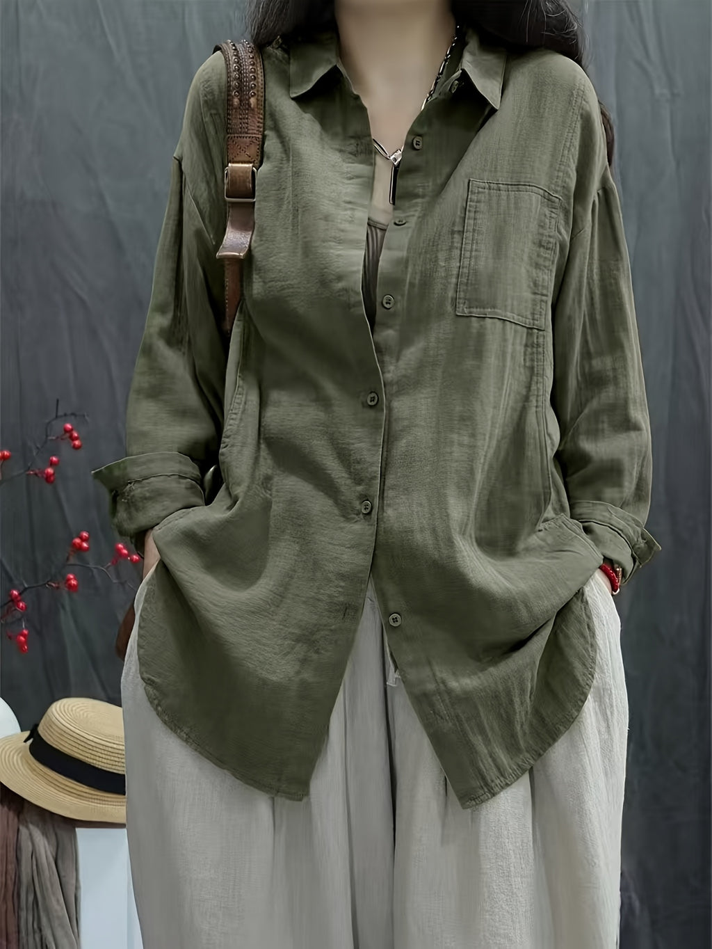 2025 Spring/Autumn New Style Loose All-Match Casual Solid Color Long Sleeve Shirt Women'S Retro Commute Street Style - Olive