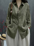 2025 Spring/Autumn New Style Loose All-Match Casual Solid Color Long Sleeve Shirt Women'S Retro Commute Street Style - Olive