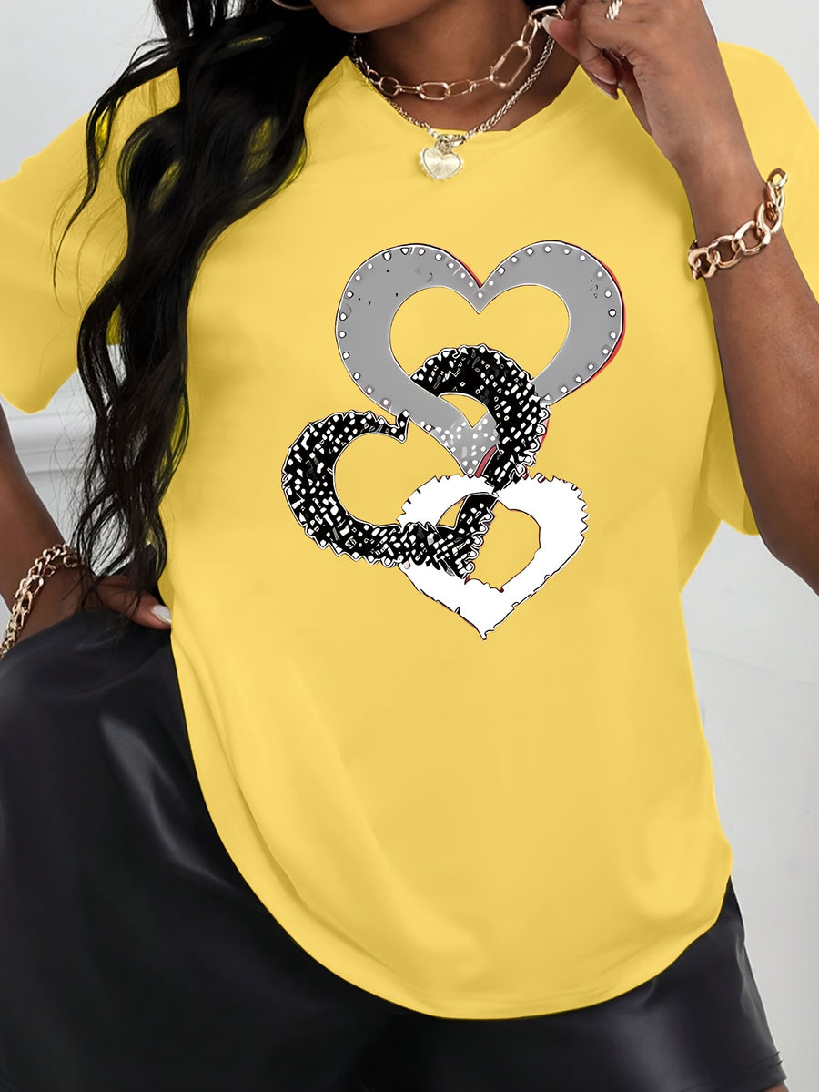 2025 Spring/Summer New Women's Short-Sleeve Top, Simple and Stylish Love Ring Pattern Print, Versatile Daily Wear Round Neck T-Shirt, Circle Pattern - Goose Yellow