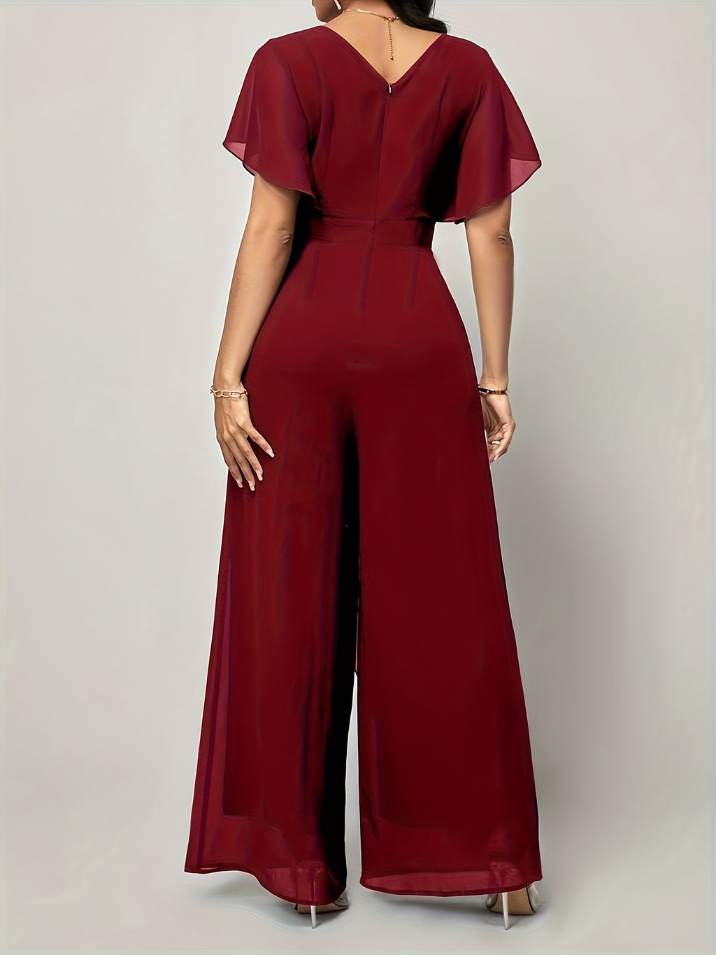 Puff Sleeve Tie-Up Jumpsuit - Deep Red