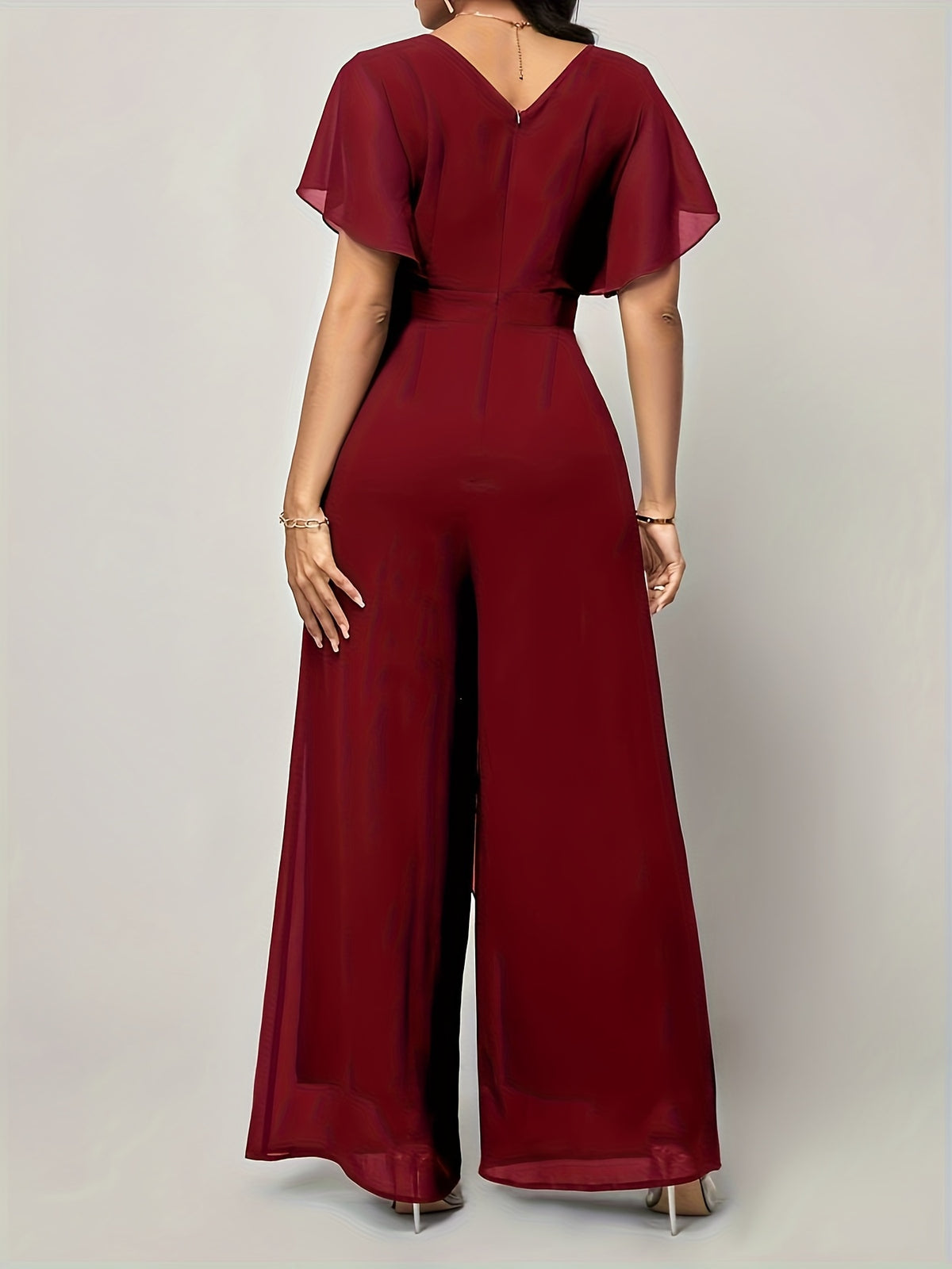 Puff Sleeve Tie-Up Jumpsuit - Deep Red