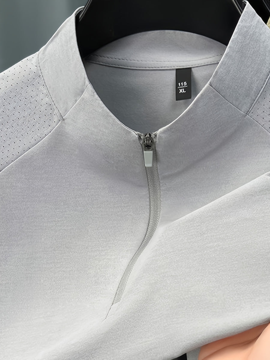 Men'S Summer Top T-Shirt, Half-Zipper Stand-Up Collar Design, Casual And Light Business Style, Adjustable Collar with Zipper, Balancing Ventilation And Styling; Mesh Shoulder Panel for Enhanced Breathability - Light Grey