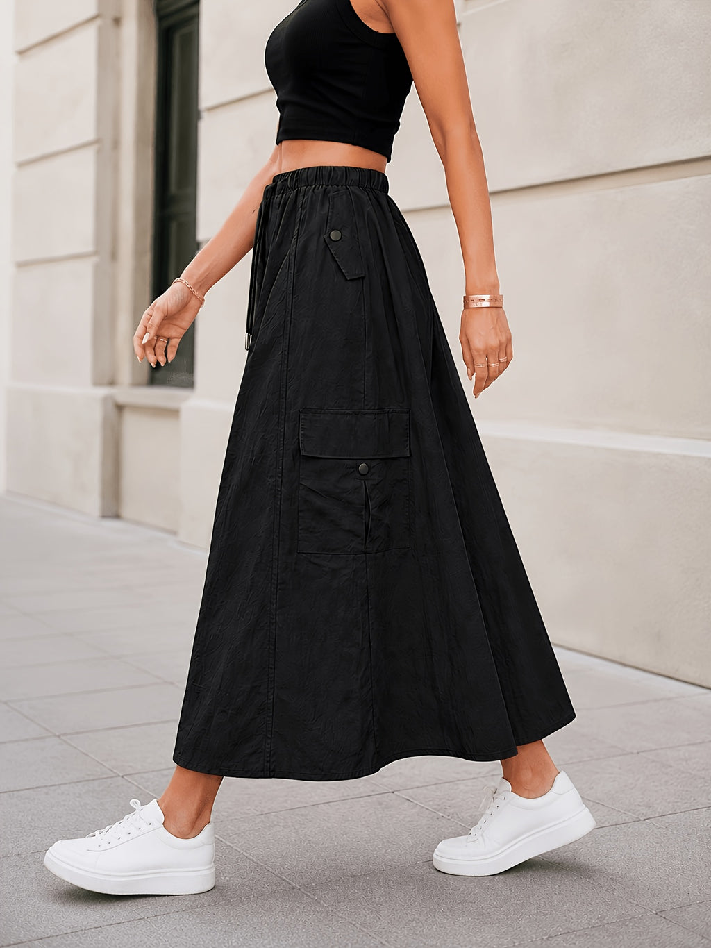 Summer Cargo Half Skirt Women'S Elastic Waist Loose Casual Multi-Pocket Versatile Women'S Long Skirt Quick-Dry Machine Washable A-Line Skirt - Black