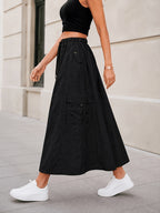 Summer Cargo Half Skirt Women'S Elastic Waist Loose Casual Multi-Pocket Versatile Women'S Long Skirt Quick-Dry Machine Washable A-Line Skirt - Black
