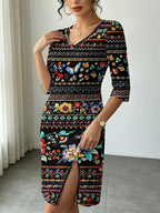 Ethnic Stripe FloralWomen Fall Winter V Neck Slit Dress, Daily Casual Gift Giving Party, Elegant Business Commute, Figure Flattering Trendy Digital Print. - Multicolor