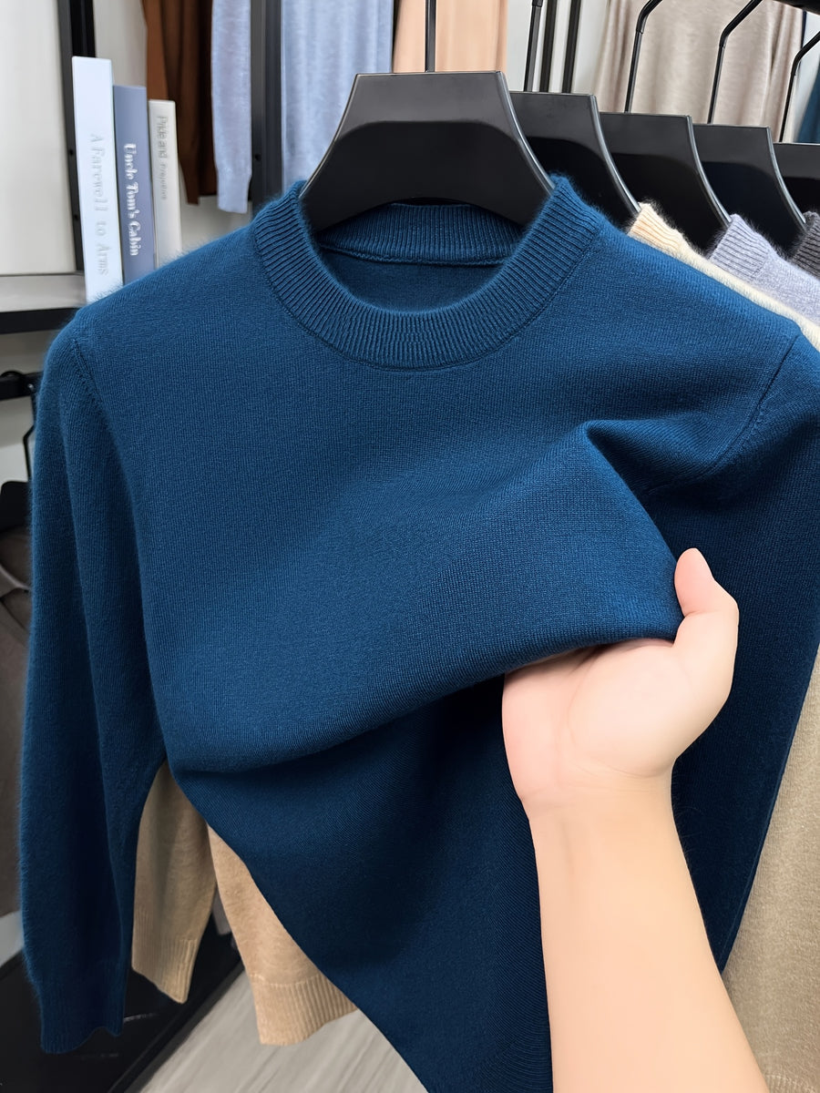 [Wading Whale OBM] 1pc Spring/Autumn New Men'S Knit Pullover Sweater, Old Money Style Solid Color Striped Round Neck Long Sleeve Knit Pullover for Men, Business Casual Fashion Striped Sweater, Suitable for Spring, Autumn - Ha Qing
