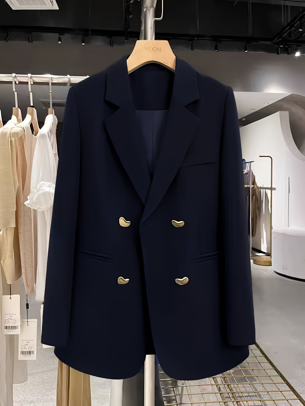 European And American Style Navy Blue Women'S Suit with Double-Breasted Buttons, Loose Fit Oversized Commuter Casual Blazer - Navy Color
