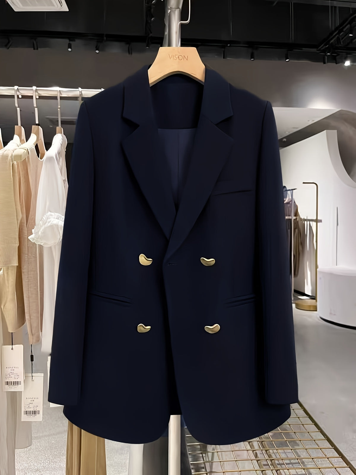 European And American Style Navy Blue Women'S Suit with Double-Breasted Buttons, Loose Fit Oversized Commuter Casual Blazer - Navy Color