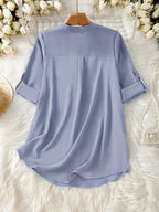 Elegant Women's Simple Casual Daily Short-Sleeve Solid Color Shirt, Spring/Summer Fashion Casual Outing Shirt, BK0608018 - Light Blue