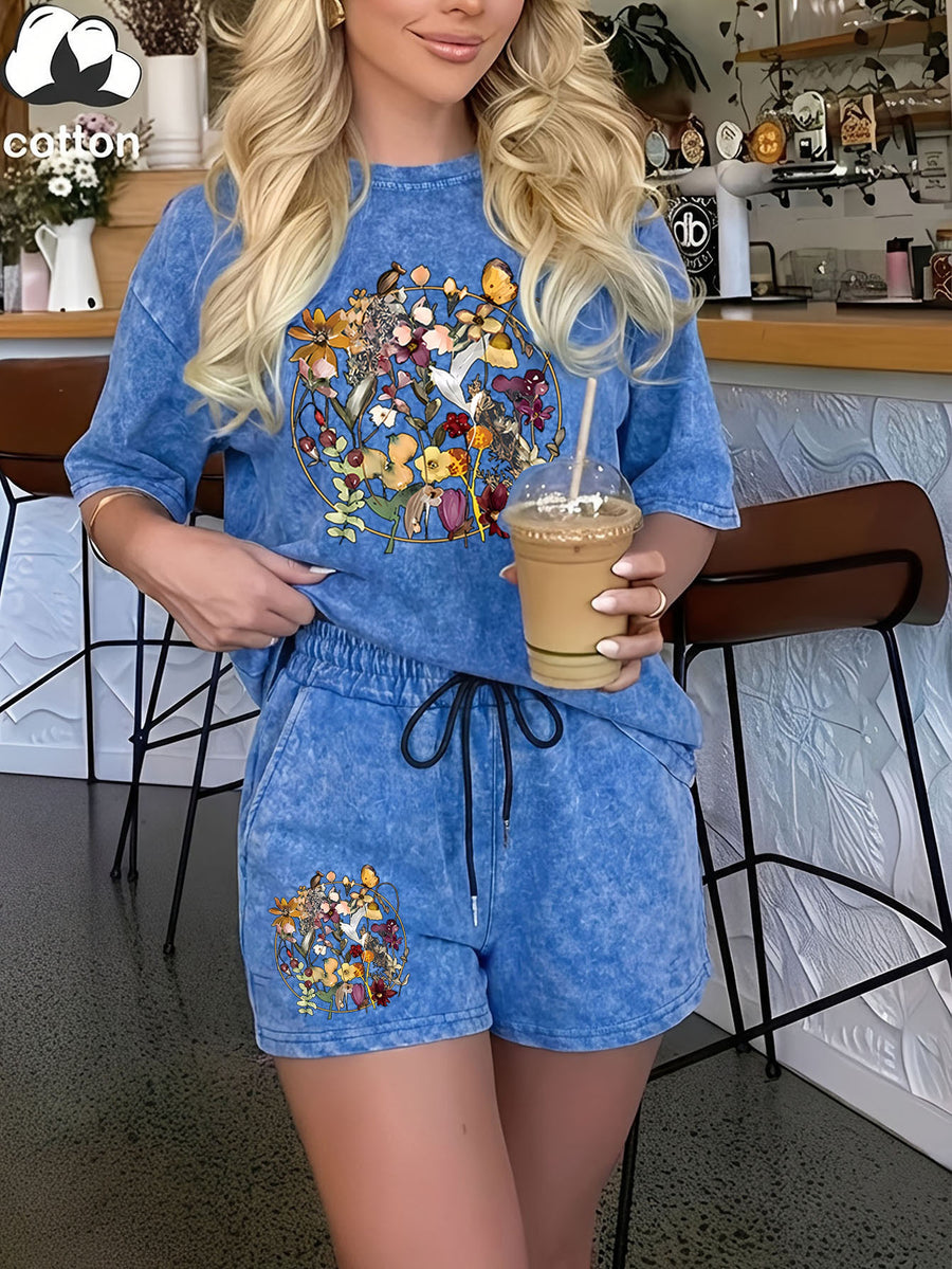 Summer Trendy Fashion Distressed Wash Short Sleeve Shorts Drawstring Women'S Set, Round Floral Bouquet Print, Vintage Dried Flower Style, Mori Literary Style, French Pastoral Style, Comfortable for Hot Weather, Classic Silhouette, Comfortable Fit - Royal Blue