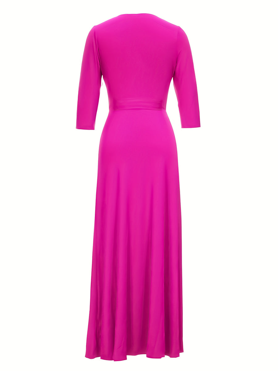 Western Fashion Solid Color V-Neck Women'S Dress Elegant Long Dress with Belt - Rose Red
