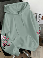 Women'S Fashion Cherry Blossom And Letter Print Casual Hooded Sweatshirt - Light Green