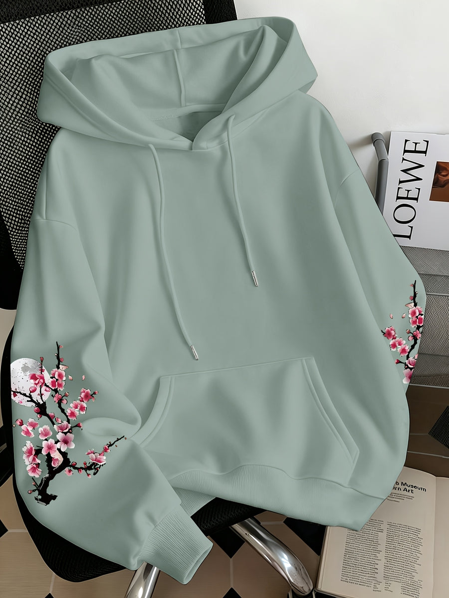 Women'S Fashion Cherry Blossom And Letter Print Casual Hooded Sweatshirt - Light Green