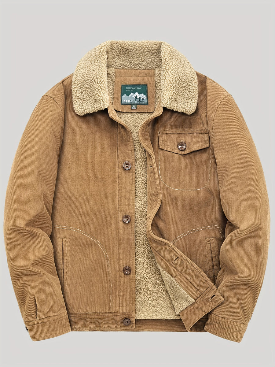 Men's Casual Outdoor Windproof Fleece-Lined Jacket with Button & Zipper Closure, Chest Pockets - Machine Washable Regular Fit Autumn Winter Coat for Hiking, Camping, Urban Adventures, Camping Gear - Wheat-colored