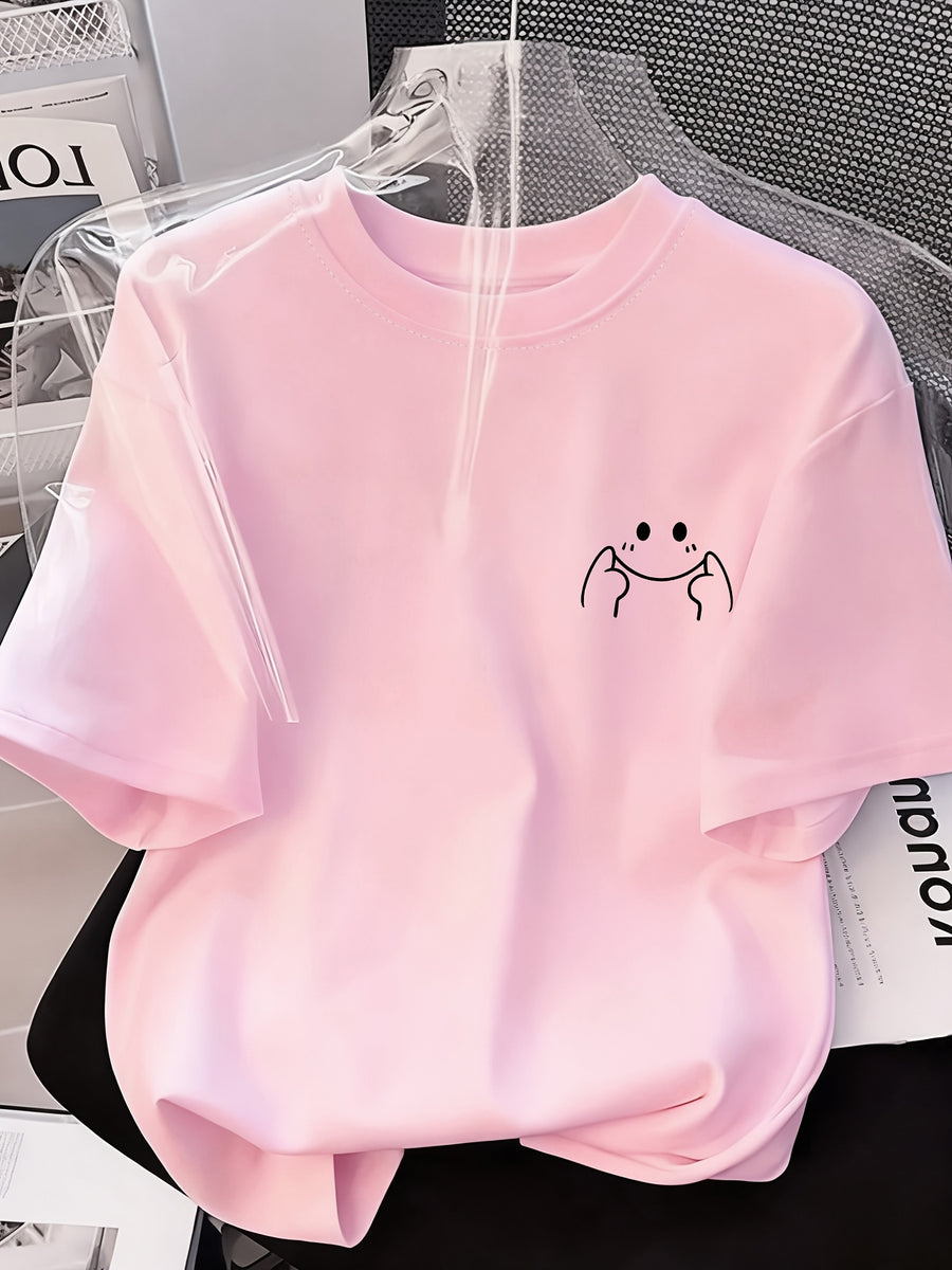 Women's High-Elastic Blouse T-Shirt Suitable for Café Visits, Picnic & Home Wear - Minimalist Smiling Face Print Round Neck Top, Machine Washable Non- Shirt for - Casual Outfits (Age-Reducing Versatile Wardrobe Staple) - Light Pink Color