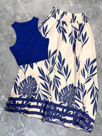Summer Women'S Daily Vacation Floral Print Skirt And Solid Color Sleeveless Top 2pcs Set - Blue + blue apricot