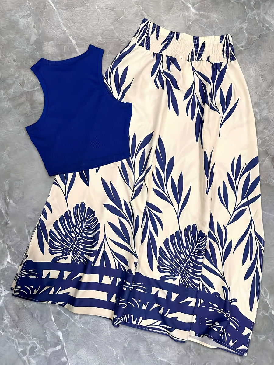 Summer Women'S Daily Vacation Floral Print Skirt And Solid Color Sleeveless Top 2pcs Set - Blue + blue apricot