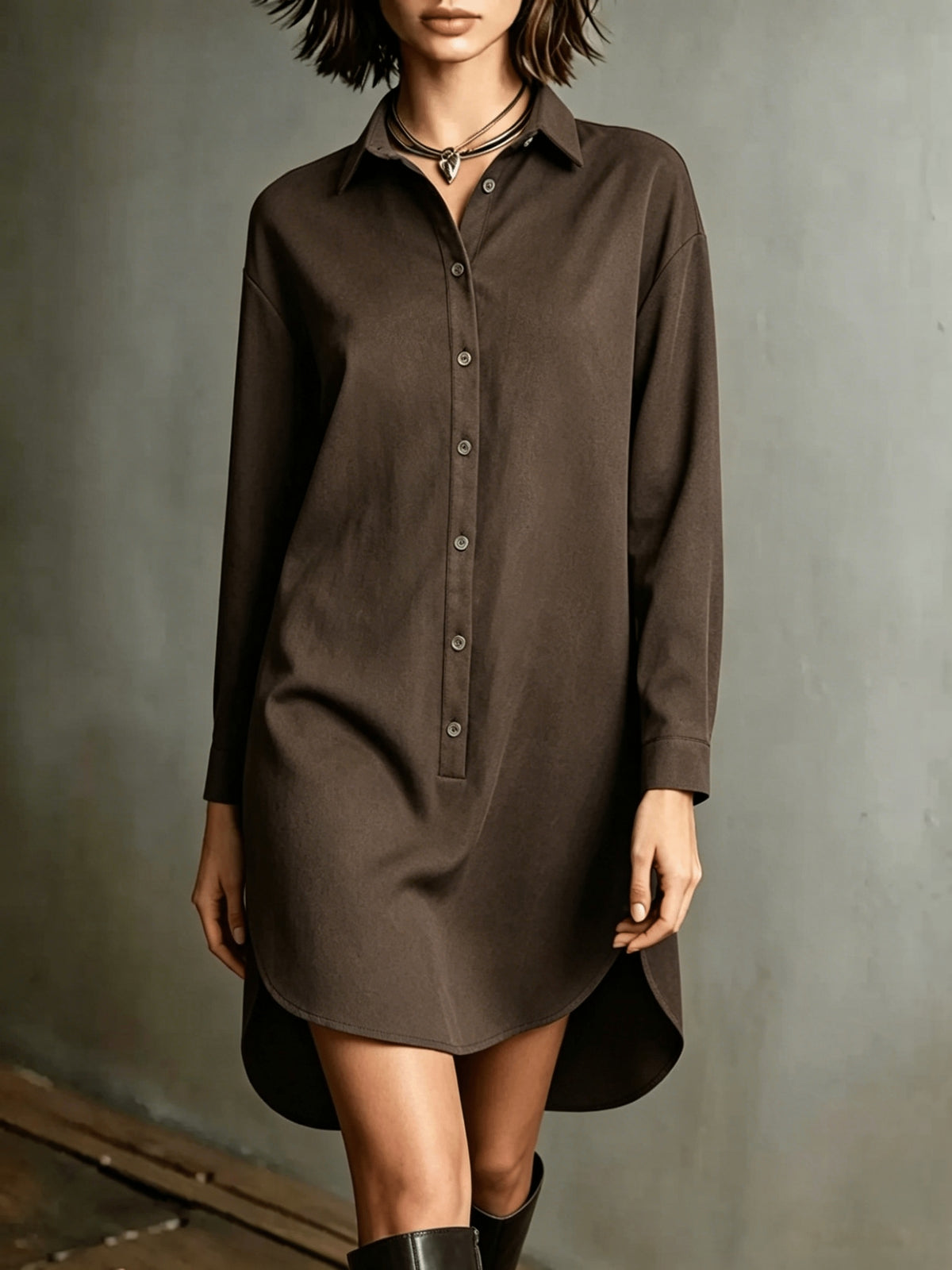Women's Midi-Length Shirt for Autumn/Winter, Loose-Fit Lapel Half-Open Front Long-Sleeve Casual Top, -Like Texture Midi-Length Blouse, Women's Loose Lapel Versatile Midi-Length Top for Autumn/Winter, Loose Long Shirt, Women's Lapel Half-Open Front - Coffee Color
