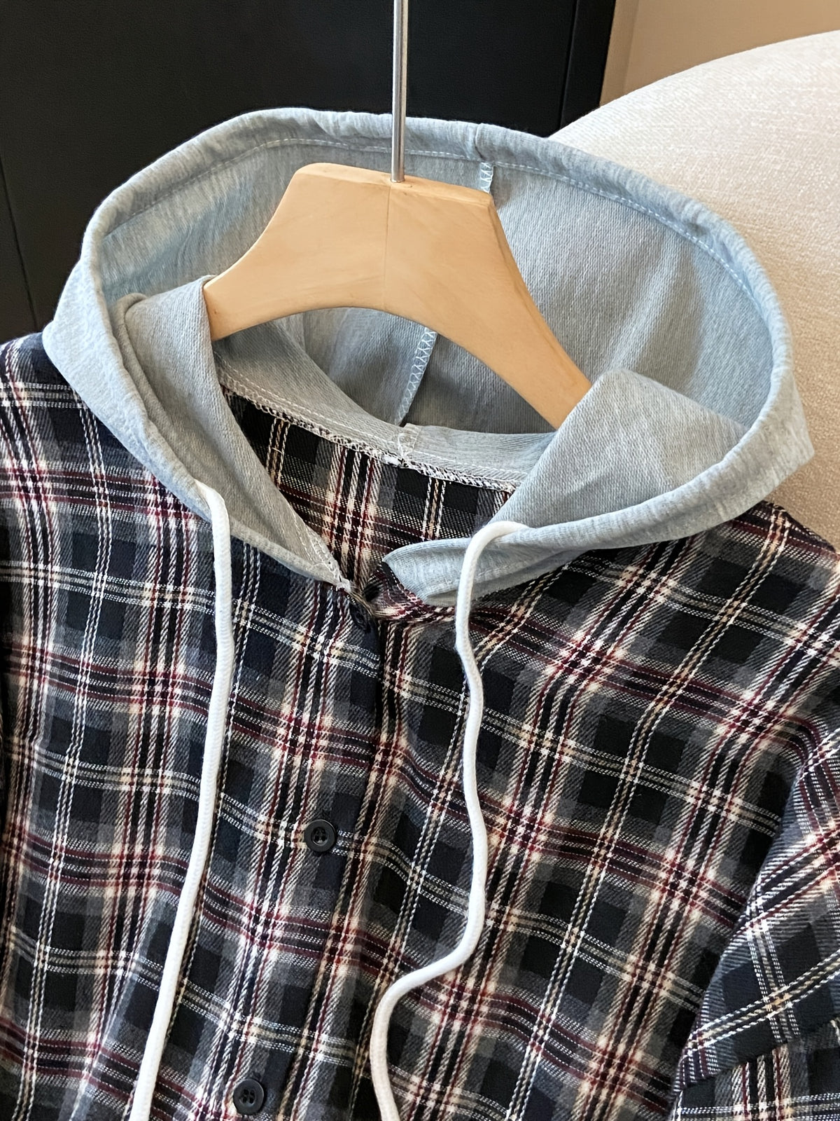 Plus Size, Spring Women's New Arrival Clothing, Autumn Women's Fashion Casual Wear, Plaid Hooded Long-Sleeve Shirt, Plus Size Women's Shirt, Oversized Top, Autumn Hooded Cardigan, Fashion Plaid Shirt, Korean Style Women's Clothing, Women's Winter - Brick Red